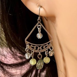 Green dangling pierced earrings silver tone jewelry